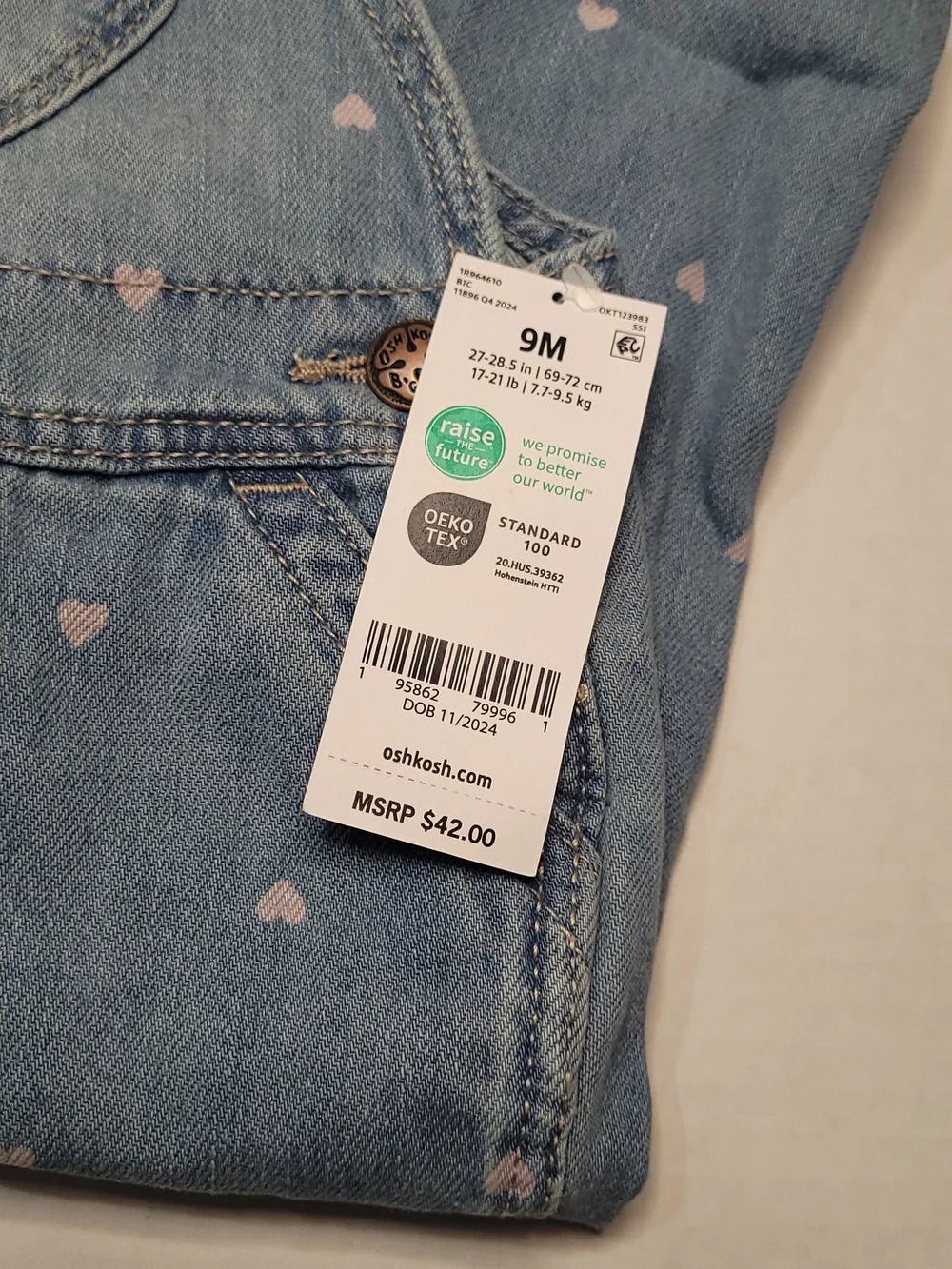 NWT OshKosh B'gosh Light Blue Denim Overalls with Pink Heart Print SIZE 9